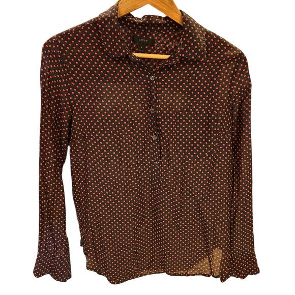 J. CREW Navy Red Polka Dot Popover Silk Cotton Blend Tunic Twee Career Blouse 6 - Picture 2 of 9